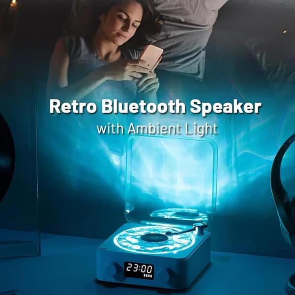 Speaker and Turntable with Adjustable Romantic Mood Lighting (3 Settings) and 4 Playback Modes, Office and Parties, 360° Surround Sound