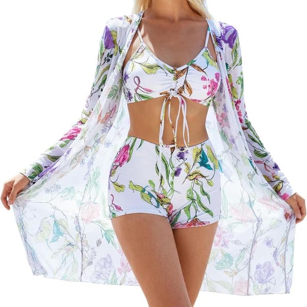 Women's Three-Piece Bikini Set, High-Waisted Tummy Control Bikini with Lightweight Cover-Up, Adjustable Tie Bikini Top Swimsuit - L