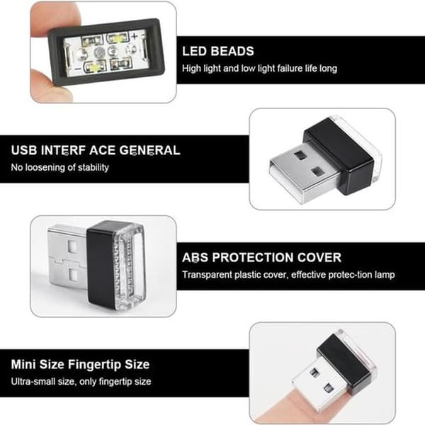 USB Bil Ambient LED-lyssæt - 5-delt hvid interiørbelysning til bærbare computere, USB-porte og køretøjsdekoration