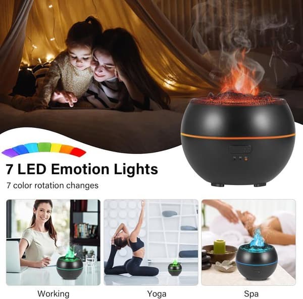 Aromadiffuser med flammeeffekt, luftfugter, 7 farver, æterisk oliediffuser (sort)