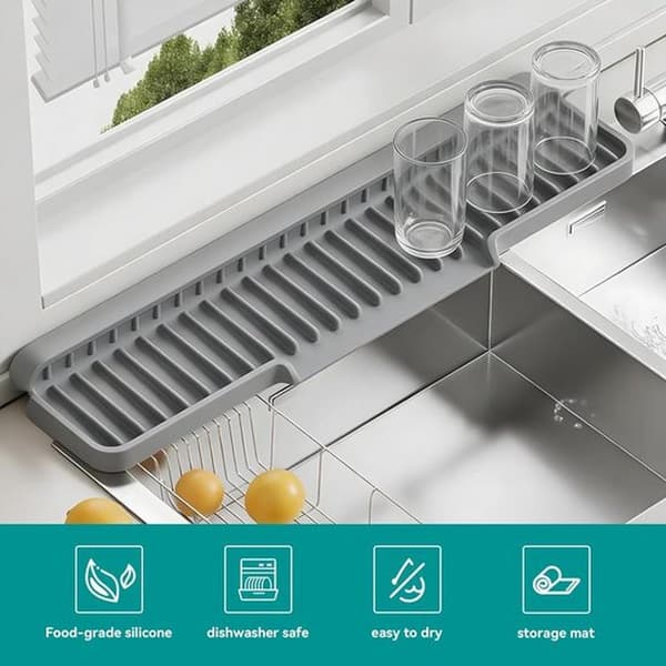 Sink Mat Splash Guard - Faucet Mat Drying Rack - Countertop Protector - Foldable Silicone Design - 45 x 15 cm - Grey