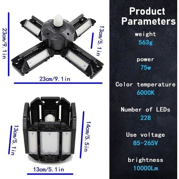LED garagelys, justerbart værkstedsloftlys, E27 6000K belysning, med flere justerbare paneler, 15000 lumen