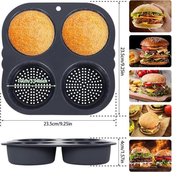 To silikoneforme til burgerboller – hver form har fire fordybninger, non-stick og fleksibel.