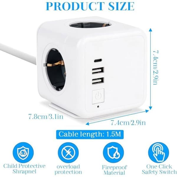 Terningformet stikdåse - 1 USB-C-port - 2 USB-A-porte - Blå