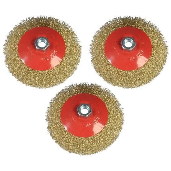 Sæt med 3 runde børster, 125 mm diameter, til vinkelslibere - M14 montering - Messing- og ståltrådsbørste