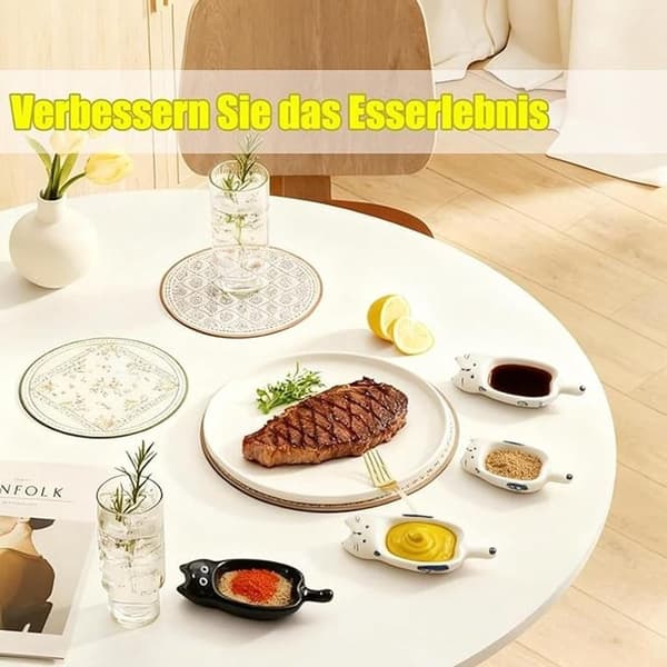 Sett med 3 keramiske dippskåler med katteformet design, stablebare for sauser og snacks