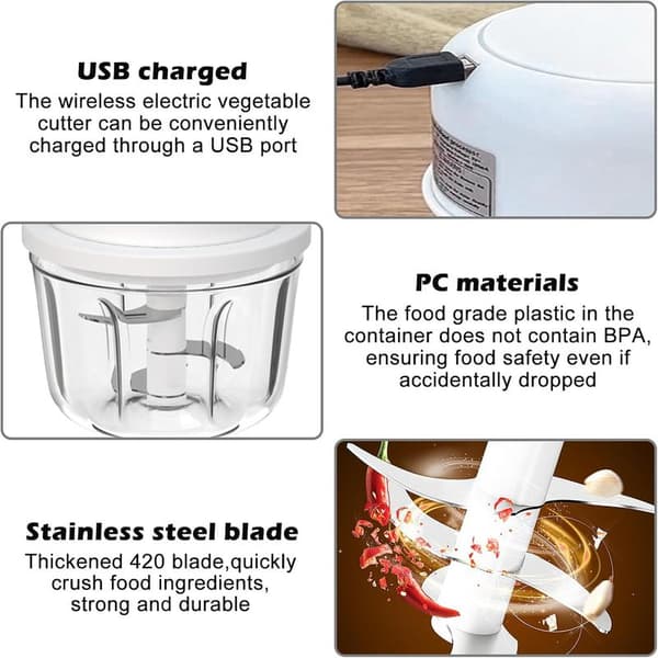 Mini USB Rechargeable Electric Chopper - 350ml Capacity (Three Cups), Cordless Vegetable Chopper - For Chopping Garlic, Fruit, Meat, Vegetables