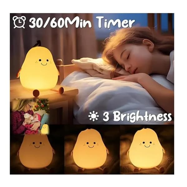 Pæreformet LED-nattlys, USB oppladbart, for soverom, varmhvitt og 7 farger. Gave til barn, jenter og gutter.