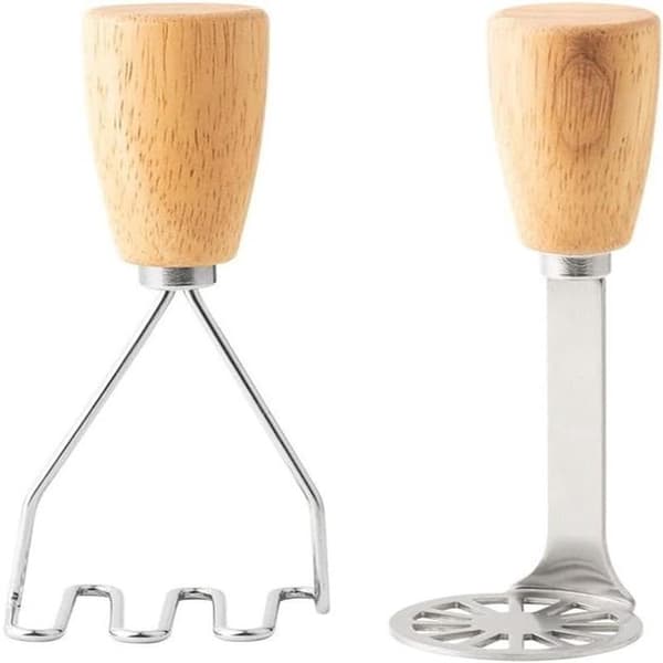 2 mini potetmosere, rustfritt stål med trehåndtak, plassbesparende, for poteter, bønner, kjøtt, grønnsaker