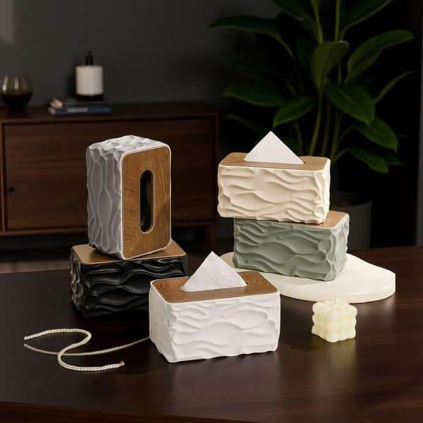 Large Capacity Desktop Tissue Box with Thickened Wooden Lid and Corrugated Design (Off-White)