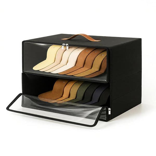 Set of 2 Front Opening Cap Storage, Stackable Sturdy Storage Bins with Clear Window, Space Saving Cap Organizer for Closet
