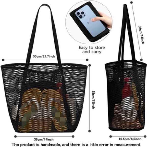 Large, Foldable, Waterproof, and Sandproof Mesh Beach Bag, Perfect for Beach Picnics and Vacations (Black).