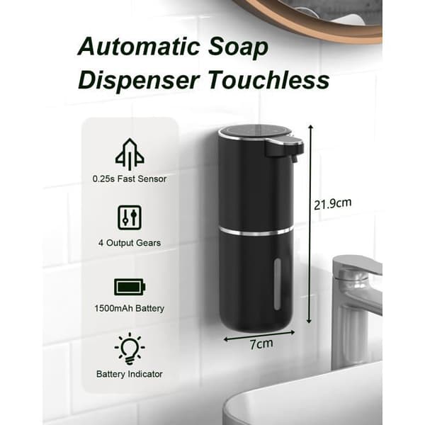 Sæbedispenser, USB C Genopladelig Vægmonteret Sæbedispenser 380ml, 4 Justerbare Niveauer, Sort Flydende Sæbedispenser