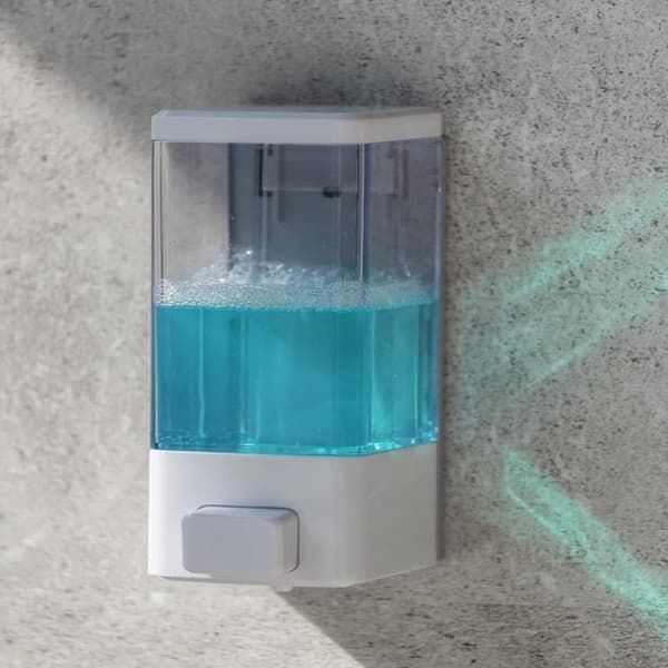 White Wall-Mounted 350ml Manual Push Button Liquid Soap and Disinfectant Dispenser, 6x18.5x7.5 cm