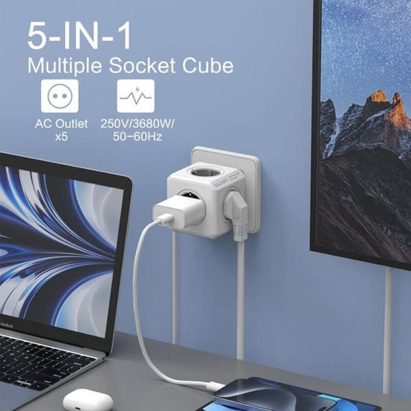 Kube 5-i-1 Strømuttak - 5 AC-uttak - 3680W - Klar til installasjon