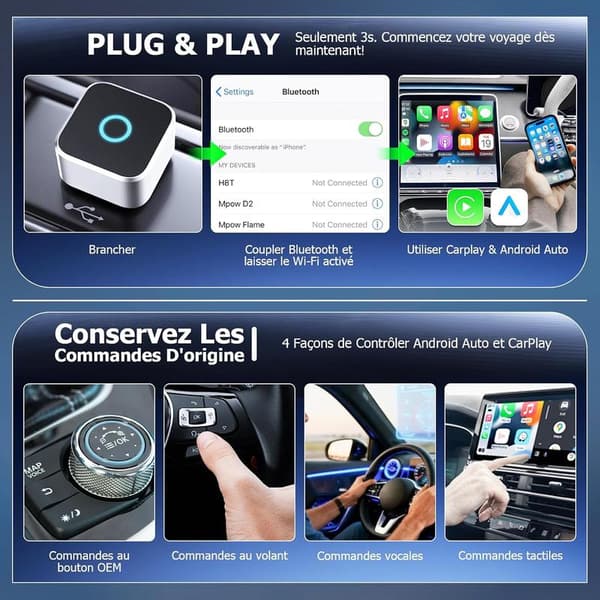 Suitable for Apple use, suitable for Apple CarPlay wireless adapter, 2-in-1 wireless CarPlay & Android auto adapter, WLAN 6 GHz