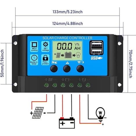 Solpanel opladningscontroller, 12V/24V, 30A, LCD-skærm, dobbelt USB-port