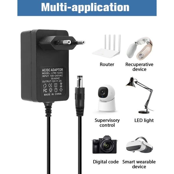 Universell 12V 2A 24W AC-adapter, 12V 24W AC til DC-transformator, 12V 2A strømforsyning 5.5mm x 2.5mm