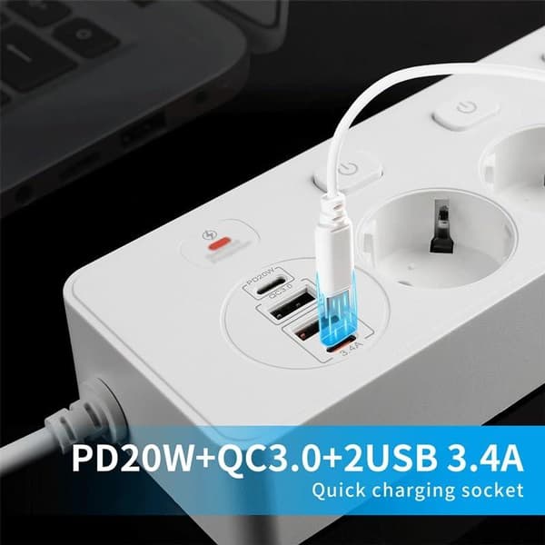Multi-head Extension Cable with 4 Fast Charging USB Sockets (Black)