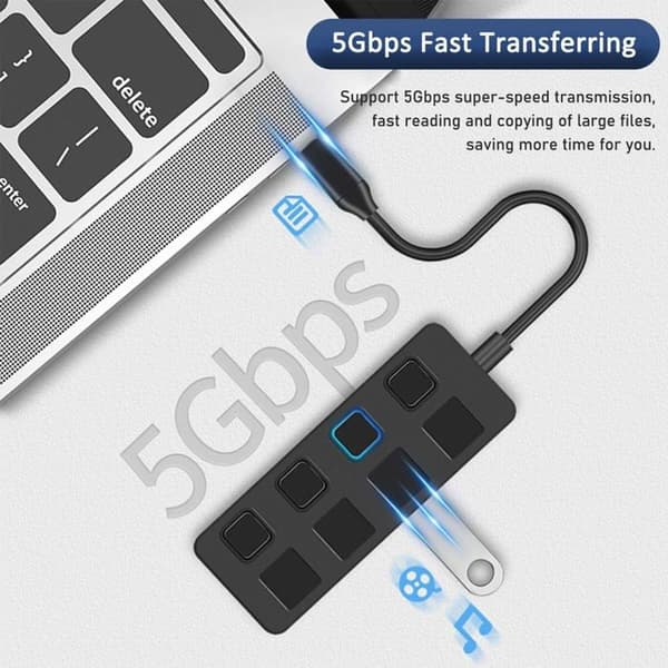 4-ports USB 3.0-hub med individuelle LED-strømafbrydere, hurtig dataoverførsel