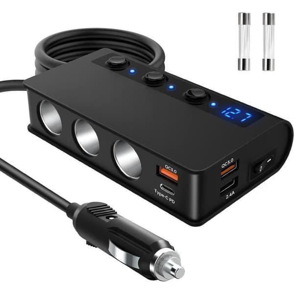 3-stik bil cigarettænderadapter 180W - 2 QC3.0-porte - 20W Type-C PD-port - Sort