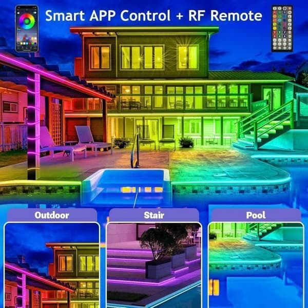 15M LED-stripe - Vanntett - Fjernkontroll - Bluetooth-app - Flerfarget