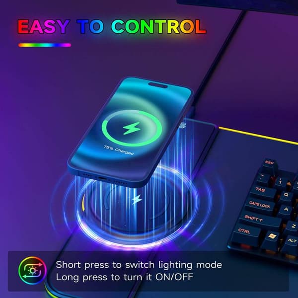 Genopladelig RGB Gaming Musemåtte - Trådløs 15W Musemåtte, Ekstra Stor LED Musemåtte 80*30cm, 10 Belysningstilstande, Spiltilbehør