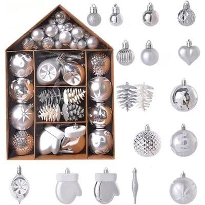 Set med 70 julgransdekorationer, okrossbara hängande julkulor, julgransprydnader - silver