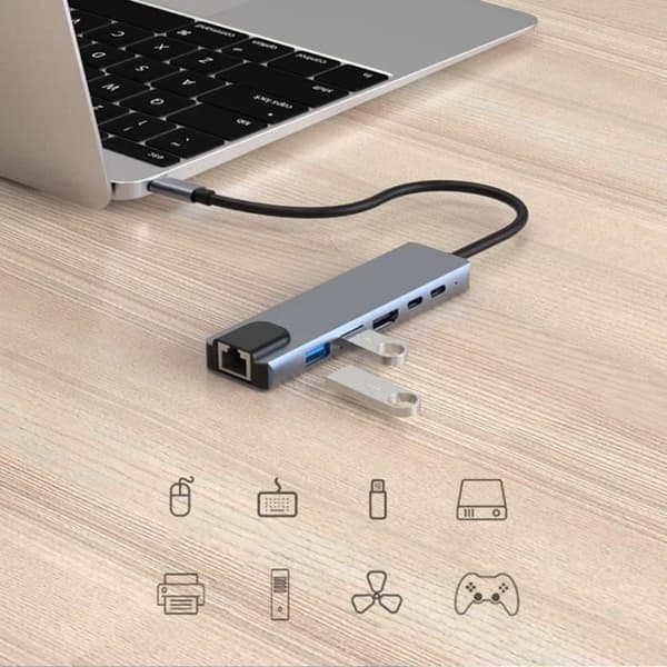 USB C - HDMI-sovitin 4K Multiport USB-C USB-A, USB-C, HDMI, RJ45 harmaa
