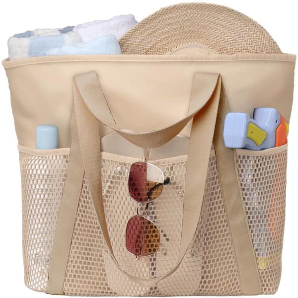 Rantakassi - vetoketjullinen rantakassi - naisten rantakassi - vedenpitävä vetoketjullinen rantakassi - Beige - Polyesteri