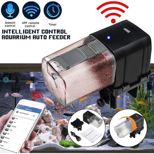 Automatisk akvariefoderautomat med timer styret af 2.4G Wi-Fi, sort fiskefoderdispenser