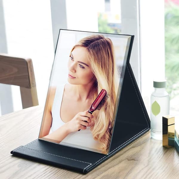 Portable Folding Mirror, Black, Leather, 2 cm, 17x12.2 cm, Table Mirror with Multi-Angle Position, Travel Mirror, Super HD Makeup Mirror