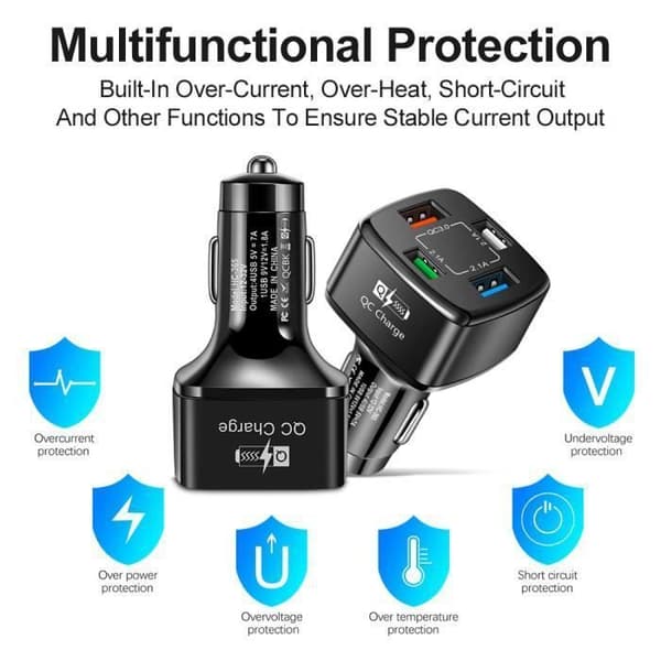 4-ports USB hurtig biloplader, QC3.0 35W 7A USB cigarettænderoplader til Android, iPhone, iPad, Samsung og andre enheder.