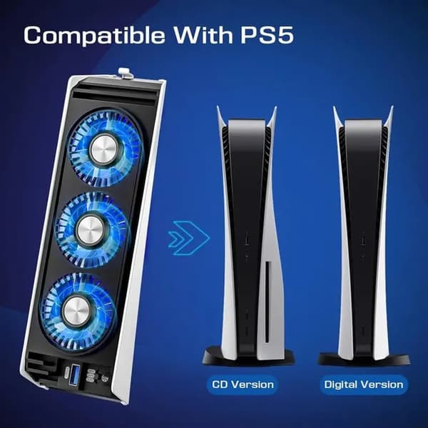 PS5 Køleventilator - Lydløs - 3 Hastighedsindstillinger - Ekstern USB