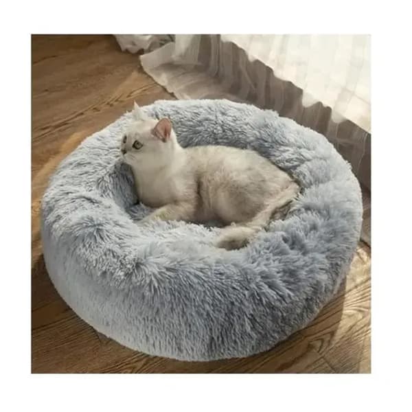 Rund plysj kjæledyrseng egnet for valper og kattunger - grå