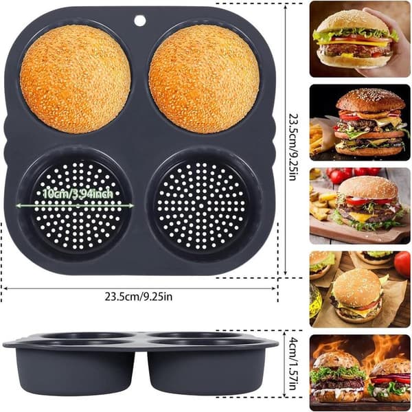 To silikoneforme til burgerboller – hver form har fire fordybninger, non-stick og fleksibel.