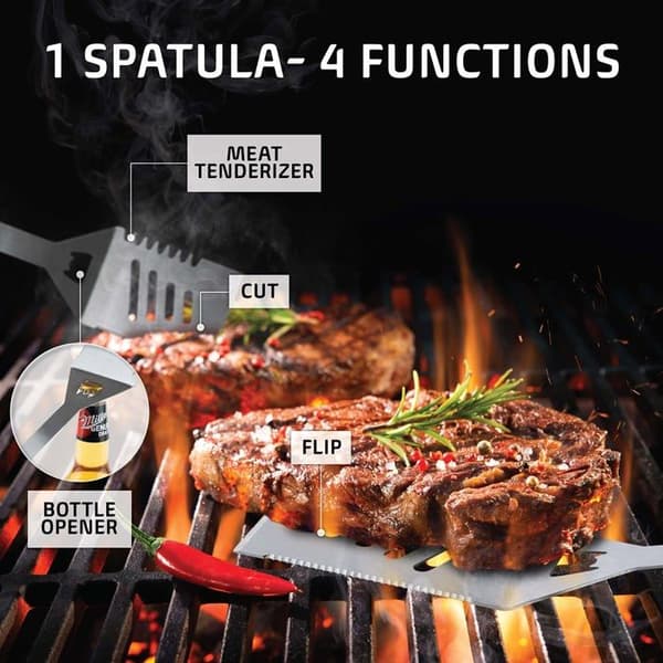 Grilltilbehør, et sæt robuste grillredskaber i rustfrit stål til udendørs grillning