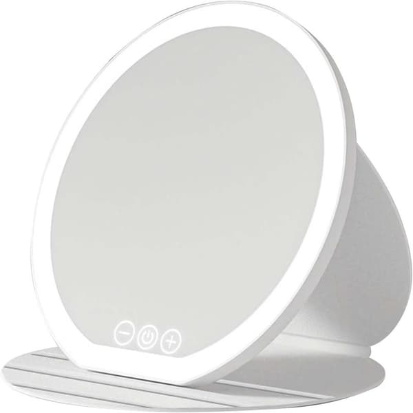 22 cm LED Folding Makeup Mirror, Portable Desktop Mirror with Light, Ultra HD Touch Screen LED Vanity Mirror (White)