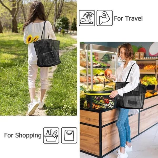 Large, Foldable, Waterproof, and Sandproof Mesh Beach Bag, Perfect for Beach Picnics and Vacations (Black).