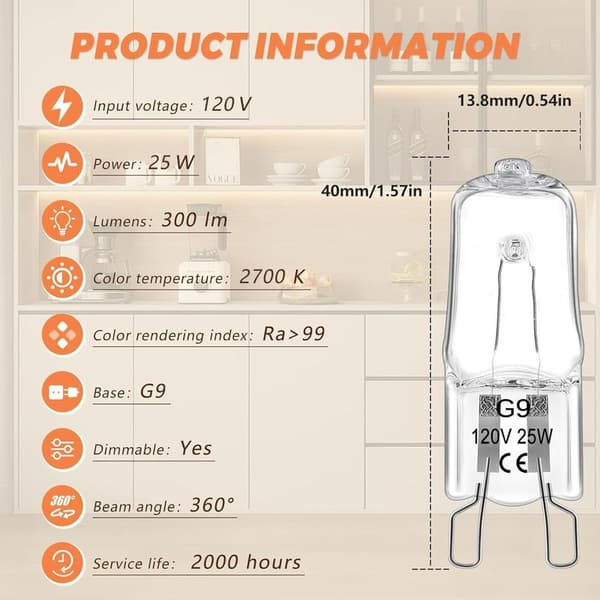 G9 halogenpærer, 25W 120V, 12-pakning, 2700K