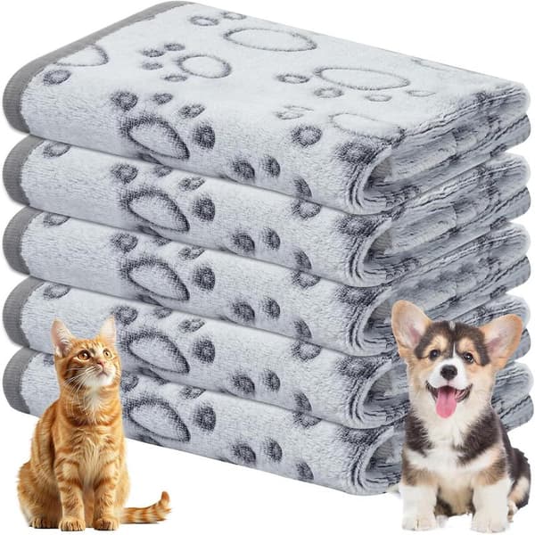 Extra soft dog blankets - 5-piece set, machine washable flannel - For small and medium-sized puppies and kittens, animal pattern, gray (60x40 cm)
