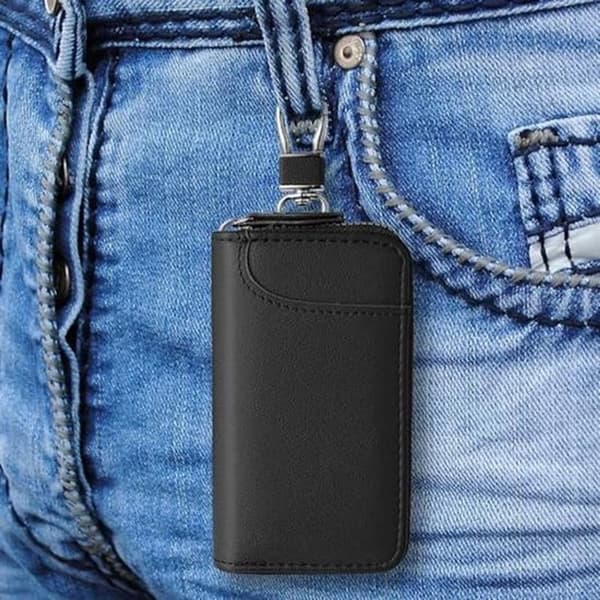 Multifunctional Faux Leather Key Pouch with 3 Compartments and 6 Hooks - Black