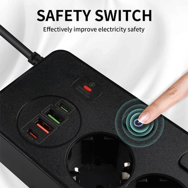 Multi-head Extension Cable with 4 Fast Charging USB Sockets (Black)
