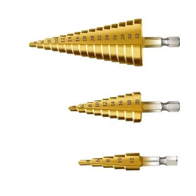 3 STK Trinborebitssæt, Konisk Trekant Titanium Borebit, 4-12/20/32 mm, HSS Rustfrit Stål, Til Boring i Stål