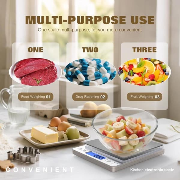 Rechargeable Digital Kitchen Scale, Grams and Ounces, Measuring Range 0.1 Gram / 3 Kilograms (6.6 Pounds).
