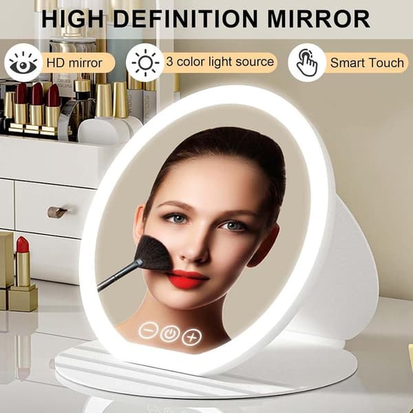 22 cm LED Folding Makeup Mirror, Portable Desktop Mirror with Light, Ultra HD Touch Screen LED Vanity Mirror (White)