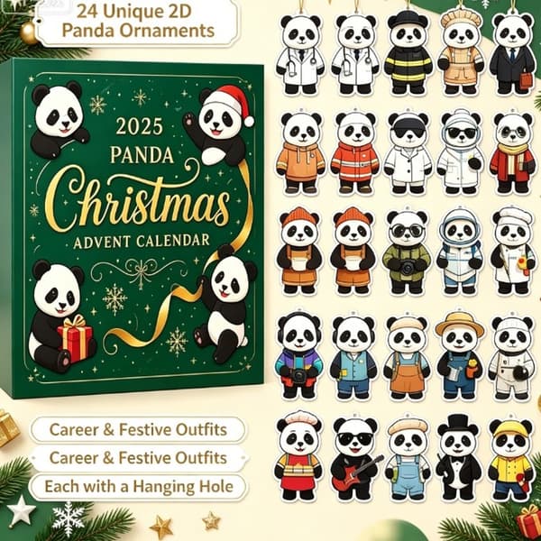 Panda julekalender 2026, 24-dagers nedtelling til jul med 2D flate panda-hengepynt