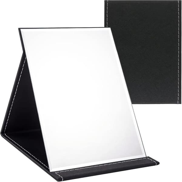 Portable Folding Mirror, Black, Leather, 2 cm, 17x12.2 cm, Table Mirror with Multi-Angle Position, Travel Mirror, Super HD Makeup Mirror