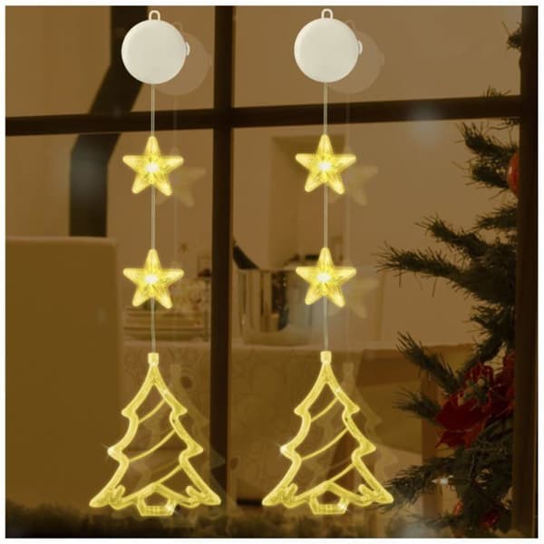 Julgrans LED-julbelysning, 2 sugkoppslampor, timer, batteridriven, hängande gardinbelysning