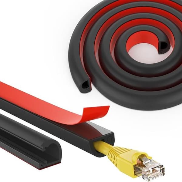 Selvklæbende kabelkanal, 2 meter, PVC, til kabler op til 7 mm diameter, kan klippes til, til computere, kontor, skrivebord, TV, sort